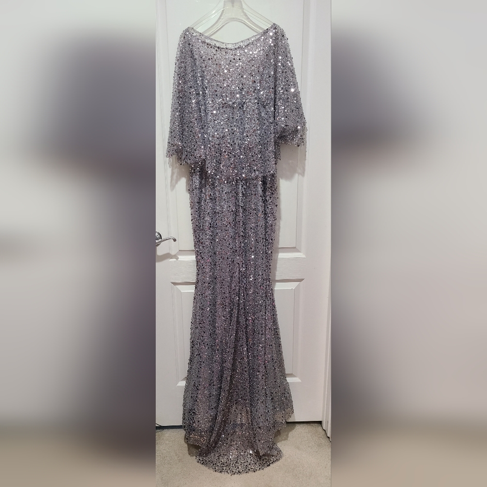 Nicole Batki Cape Top Siver Sequin Formal Maxi Gown Sz 10 NWT - Picture 7 of 14
